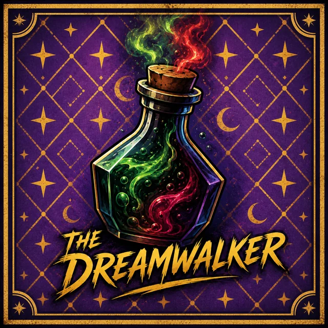 The Dreamwalker’s gold and purple emblem, with a potion swirling red and green